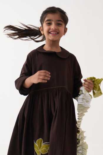 Shop_Three_Brown Cotton Applique Handwoven Peter Pan Collar Dress _Online_at_Aza_Fashions