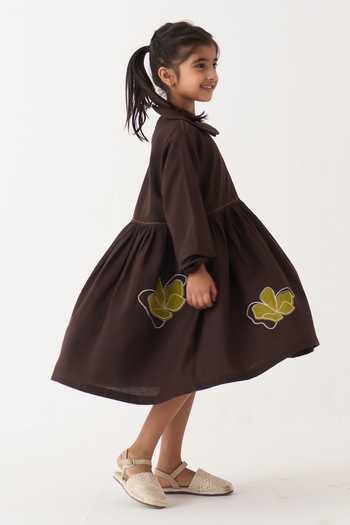 Three_Brown Cotton Applique Handwoven Peter Pan Collar Dress _at_Aza_Fashions
