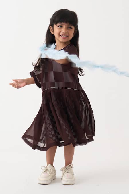 Three_Brown Organza Checkered Yoke Dress _Online_at_Aza_Fashions