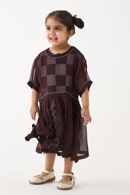 Buy_Three_Brown Organza Checkered Yoke Dress _Online_at_Aza_Fashions