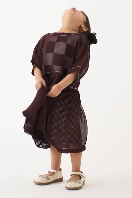 Three_Brown Organza Checkered Yoke Dress _at_Aza_Fashions