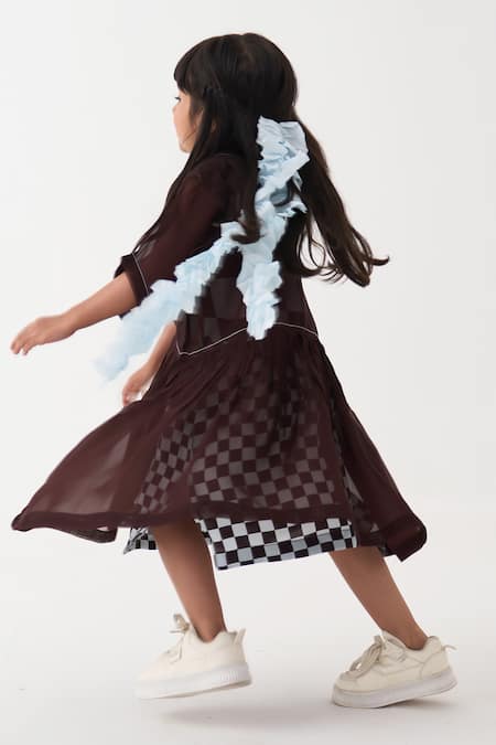 Buy_Three_Brown Organza Checkered Yoke Dress 