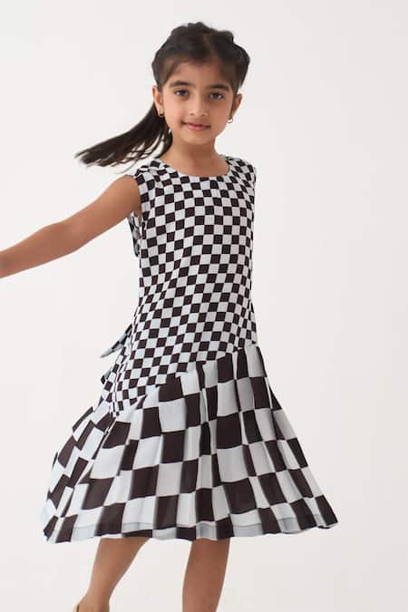 Three_Blue Crepe Asymmetrical Chequered Dress _Online_at_Aza_Fashions