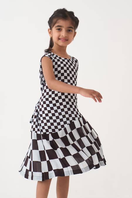 Buy_Three_Blue Crepe Asymmetrical Chequered Dress _Online_at_Aza_Fashions
