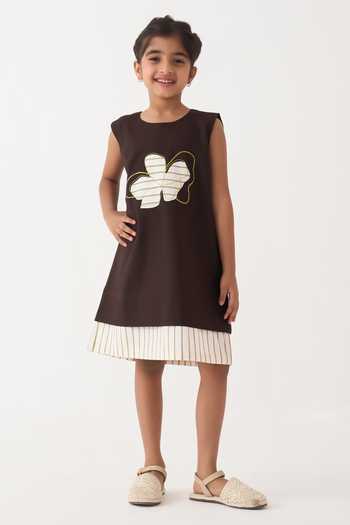 Three Floral Applique Striped Hem Dress 