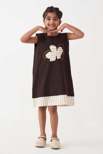 Three_Brown Poplin Applique Floral Striped Hem Dress _Online_at_Aza_Fashions