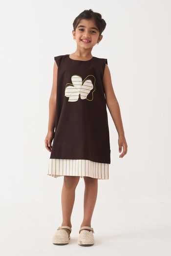 Buy_Three_Brown Poplin Applique Floral Striped Hem Dress _Online_at_Aza_Fashions