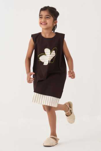 Shop_Three_Brown Poplin Applique Floral Striped Hem Dress _Online_at_Aza_Fashions