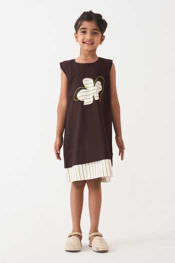 Three_Brown Poplin Applique Floral Striped Hem Dress _at_Aza_Fashions