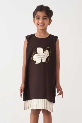 Buy_Three_Brown Poplin Applique Floral Striped Hem Dress 