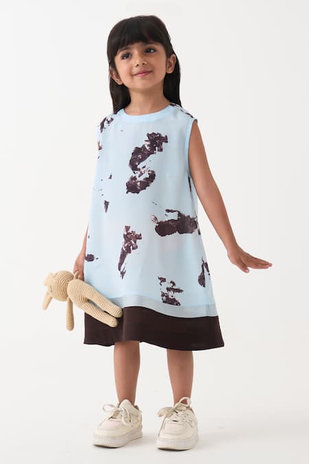 Shop_Three_Blue Crepe Panel Print Dress _Online_at_Aza_Fashions