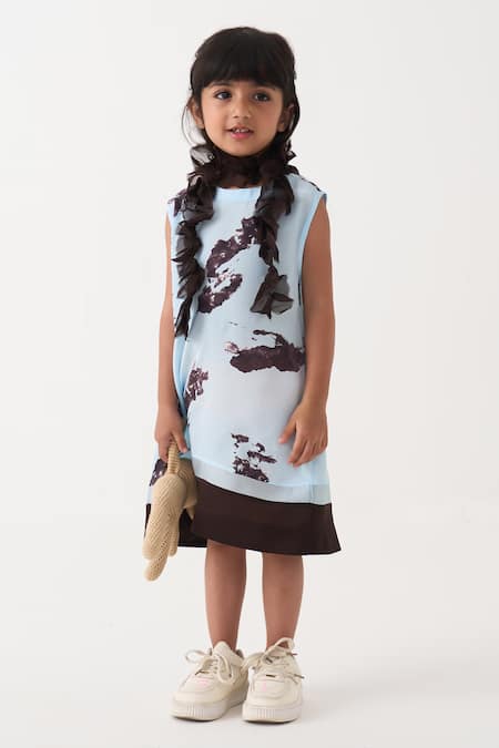 Three_Blue Crepe Panel Print Dress _at_Aza_Fashions