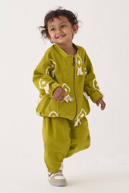 Three_Green Cotton Embroidery, Fringe Handwoven Jacket And Pant Set _Online_at_Aza_Fashions