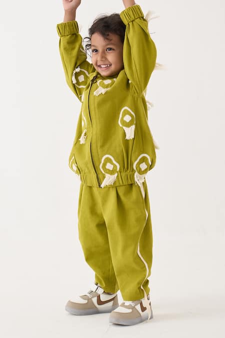 Buy_Three_Green Cotton Embroidery, Fringe Handwoven Jacket And Pant Set _Online_at_Aza_Fashions