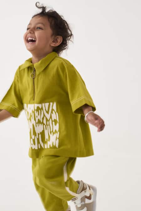 Three_Green Handloom Cotton Patchwork Handwoven Top And Pant Set _Online_at_Aza_Fashions