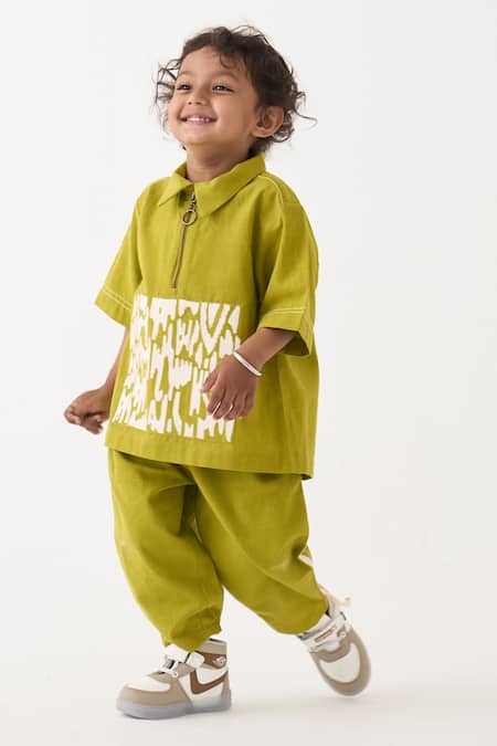 Buy_Three_Green Handloom Cotton Patchwork Handwoven Top And Pant Set _Online_at_Aza_Fashions