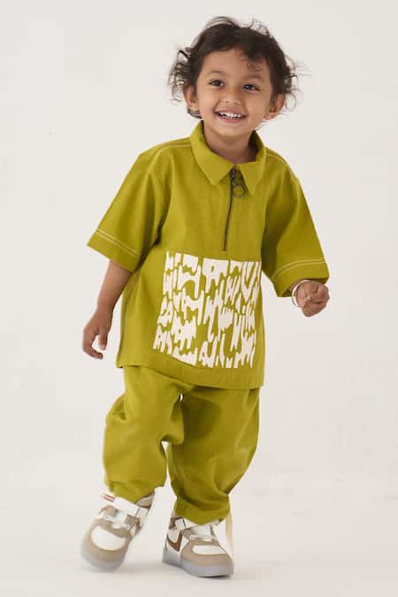 Shop_Three_Green Handloom Cotton Patchwork Handwoven Top And Pant Set _Online_at_Aza_Fashions