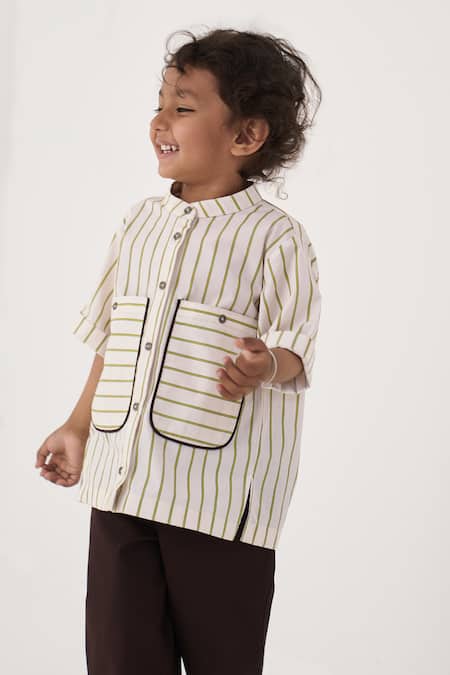 Three Green Cotton, Poplin Stripe Pattern Shirt And Pant Set Online at Aza Fashions Three_Green Cotton, Poplin Stripe Pattern Shirt And Pant Set _Online_at_Aza_Fashions