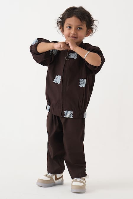 Three_Brown Cotton, Poplin Embroidery Abstract Pattern Jacket And Pant Set _Online_at_Aza_Fashions