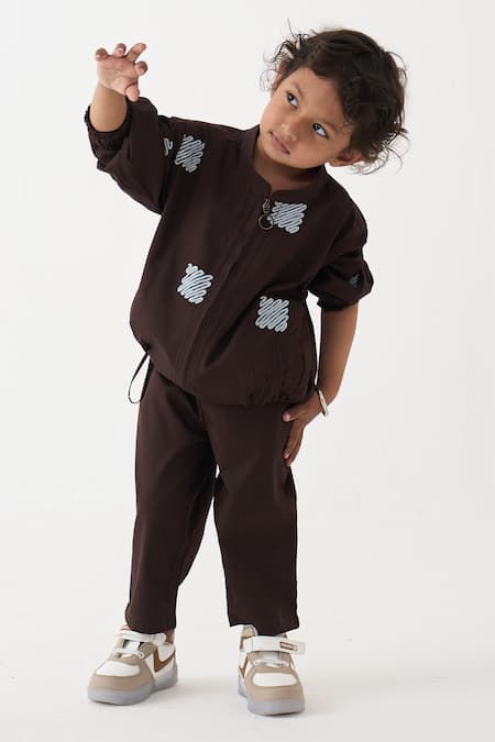 Buy_Three_Brown Cotton, Poplin Embroidery Abstract Pattern Jacket And Pant Set _Online_at_Aza_Fashions