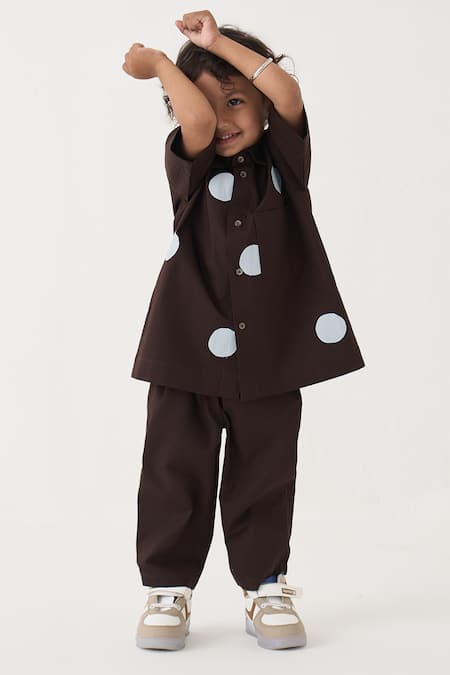 Three Brown Poplin, Cotton Polka Dot Pattern Shirt And Pant Set Online at Aza Fashions Three_Brown Poplin, Cotton Polka Dot Pattern Shirt And Pant Set _Online_at_Aza_Fashions