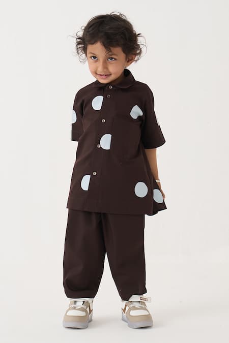 Shop Three Brown Poplin, Cotton Polka Dot Pattern Shirt And Pant Set Online at Aza Fashions Shop_Three_Brown Poplin, Cotton Polka Dot Pattern Shirt And Pant Set _Online_at_Aza_Fashions