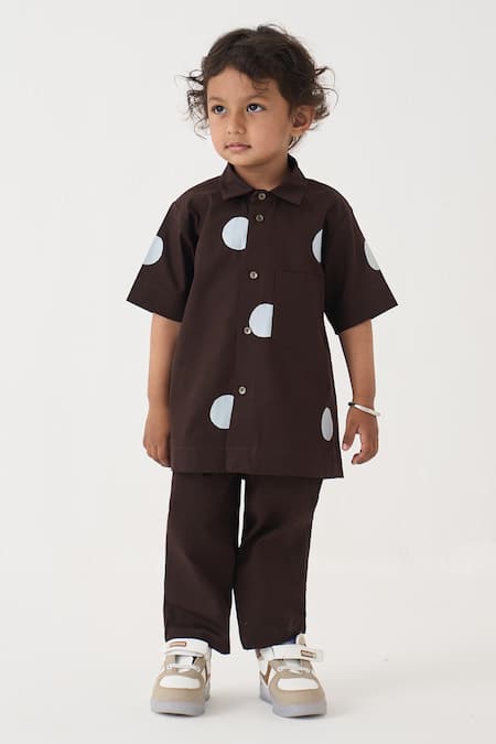 Three Brown Poplin, Cotton Polka Dot Pattern Shirt And Pant Set at Aza Fashions Three_Brown Poplin, Cotton Polka Dot Pattern Shirt And Pant Set _at_Aza_Fashions