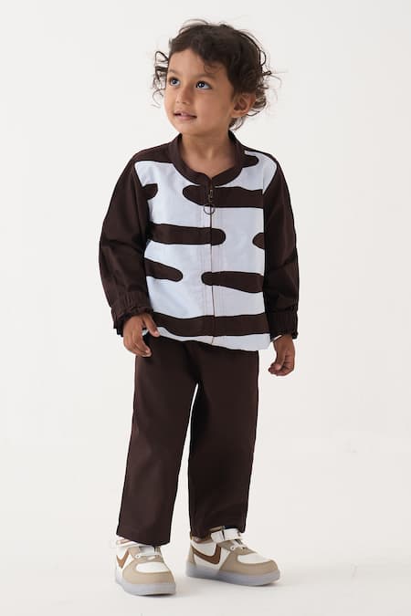 Buy_Three_Brown Cotton, Poplin Abstract Pattern Bomber Jacket And Pant Set _Online_at_Aza_Fashions