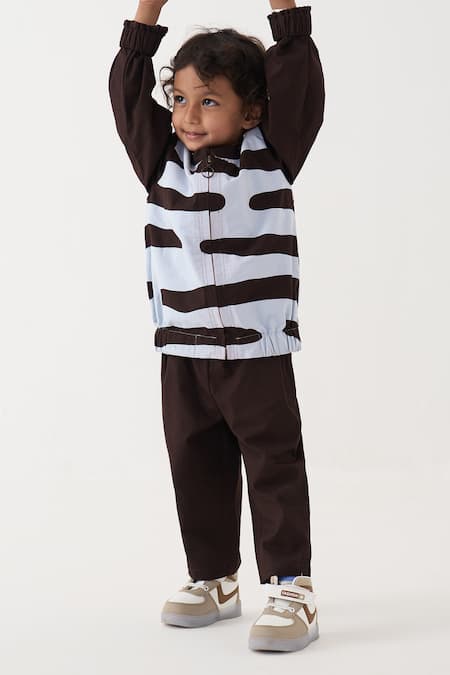 Shop_Three_Brown Cotton, Poplin Abstract Pattern Bomber Jacket And Pant Set _Online_at_Aza_Fashions