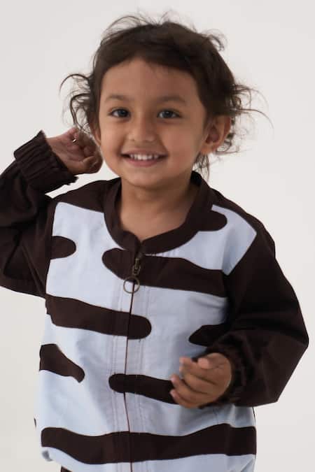 Three_Brown Cotton, Poplin Abstract Pattern Bomber Jacket And Pant Set _at_Aza_Fashions