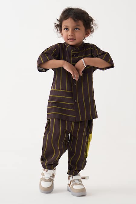 Three_Green Cotton Stripe Pattern Shirt And Pant Set _Online_at_Aza_Fashions