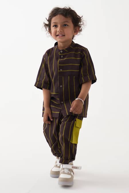 Buy_Three_Green Cotton Stripe Pattern Shirt And Pant Set _Online_at_Aza_Fashions