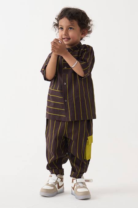 Shop_Three_Green Cotton Stripe Pattern Shirt And Pant Set _Online_at_Aza_Fashions
