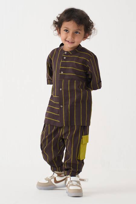 Three_Green Cotton Stripe Pattern Shirt And Pant Set _at_Aza_Fashions