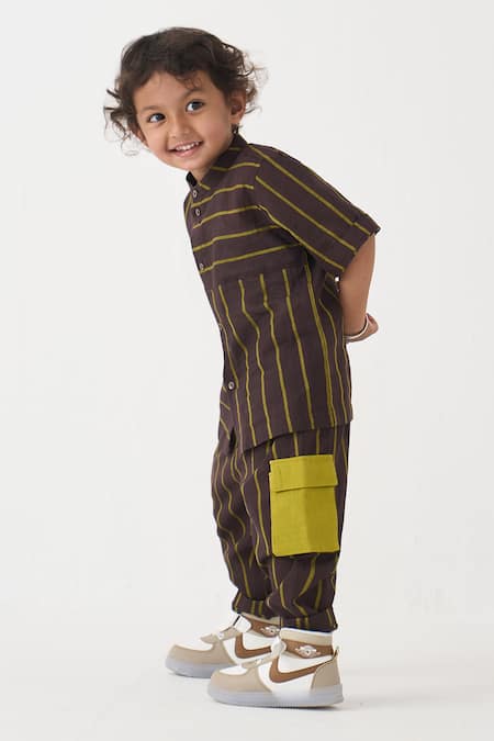 Buy_Three_Green Cotton Stripe Pattern Shirt And Pant Set 