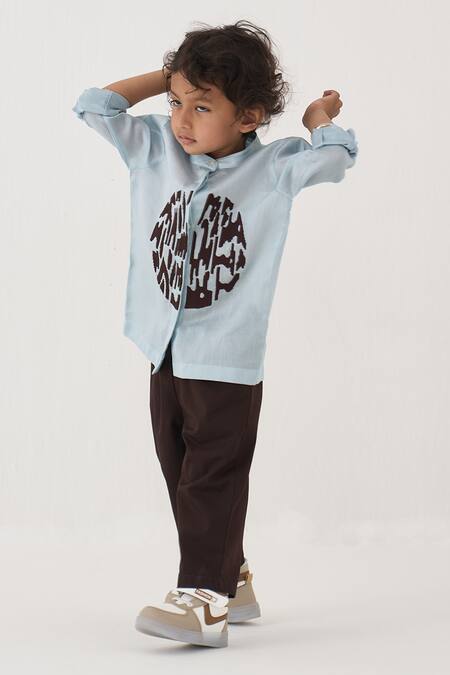 Three_Blue Chanderi, Cotton, Poplin Embroidery Abstract Pattern Shirt And Pant Set _Online_at_Aza_Fashions