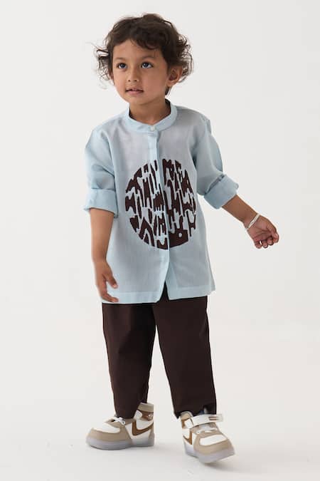 Buy_Three_Blue Chanderi, Cotton, Poplin Embroidery Abstract Pattern Shirt And Pant Set _Online_at_Aza_Fashions