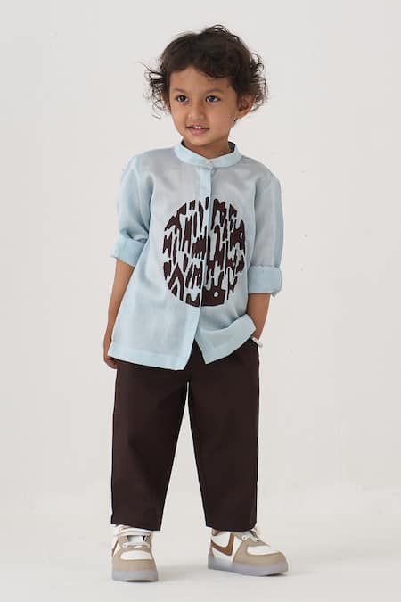 Shop_Three_Blue Chanderi, Cotton, Poplin Embroidery Abstract Pattern Shirt And Pant Set _Online_at_Aza_Fashions