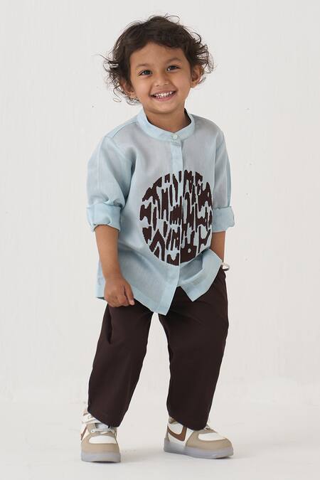 Three_Blue Chanderi, Cotton, Poplin Embroidery Abstract Pattern Shirt And Pant Set _at_Aza_Fashions