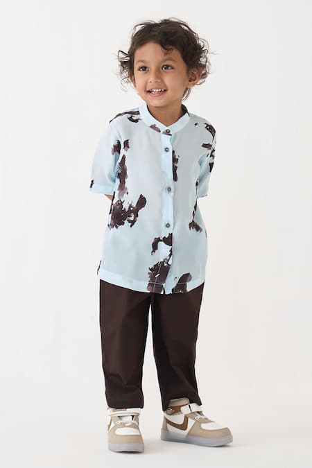 Three_Blue Crepe, Cotton, Poplin Abstract Pattern Shirt And Pant Set _Online_at_Aza_Fashions