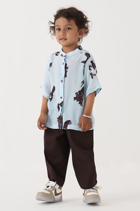 Shop_Three_Blue Crepe, Cotton, Poplin Abstract Pattern Shirt And Pant Set _Online_at_Aza_Fashions