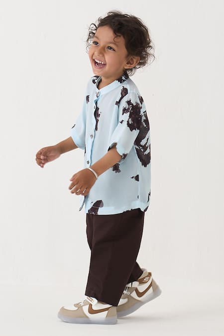 Three_Blue Crepe, Cotton, Poplin Abstract Pattern Shirt And Pant Set _at_Aza_Fashions