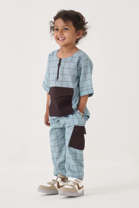 Buy Three Blue Handloom Cotton Chequered Pattern Shirt And Pant Set Online at Aza Fashions Buy_Three_Blue Handloom Cotton Chequered Pattern Shirt And Pant Set _Online_at_Aza_Fashions