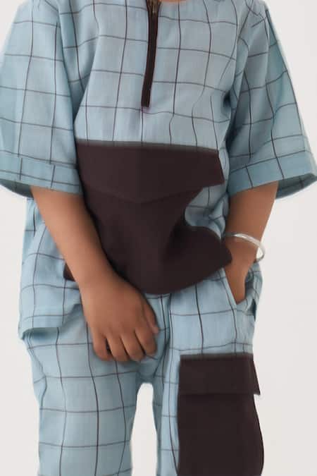 Three Blue Handloom Cotton Chequered Pattern Shirt And Pant Set at Aza Fashions Three_Blue Handloom Cotton Chequered Pattern Shirt And Pant Set _at_Aza_Fashions