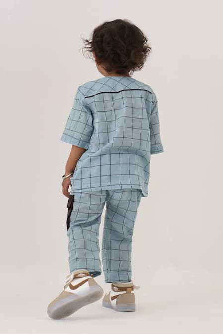 Buy Three Blue Handloom Cotton Chequered Pattern Shirt And Pant Set Buy_Three_Blue Handloom Cotton Chequered Pattern Shirt And Pant Set