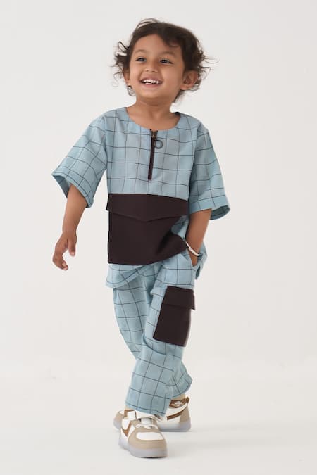 Shop Three Blue Handloom Cotton Chequered Pattern Shirt And Pant Set Shop_Three_Blue Handloom Cotton Chequered Pattern Shirt And Pant Set