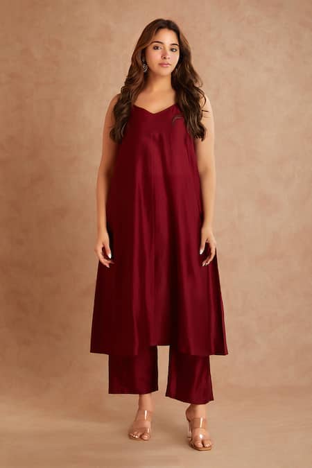 Buy_Priya Chaudhary_Red Tissue, Chanderi Overlay Jacket Tunic Set _Online_at_Aza_Fashions