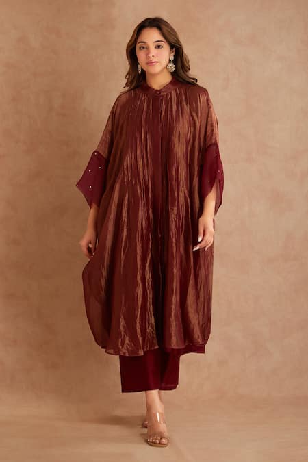 Shop_Priya Chaudhary_Red Tissue, Chanderi Overlay Jacket Tunic Set _Online_at_Aza_Fashions