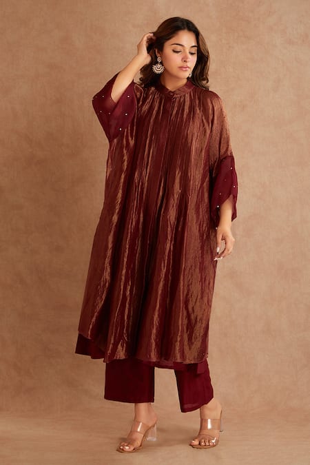 Priya Chaudhary_Red Tissue, Chanderi Overlay Jacket Tunic Set _at_Aza_Fashions