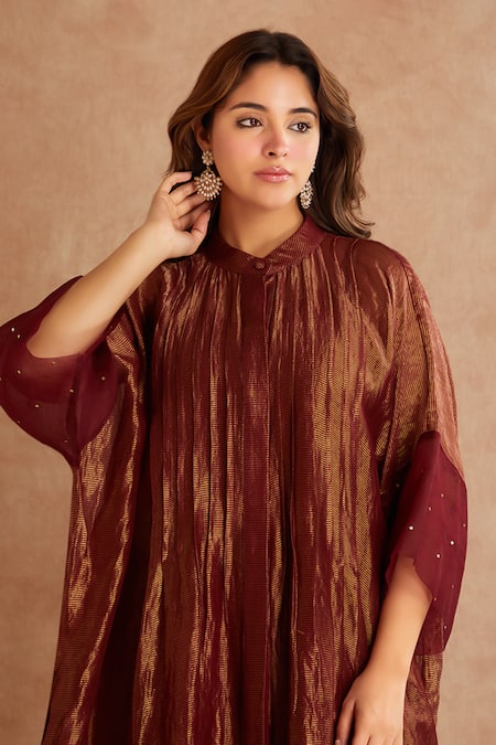Buy_Priya Chaudhary_Red Tissue, Chanderi Overlay Jacket Tunic Set 
